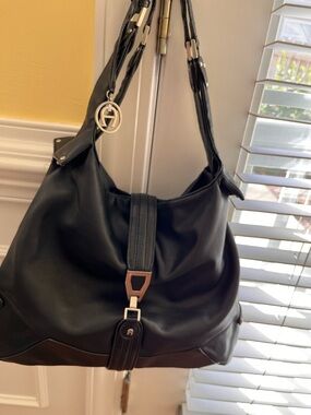 Etienne Aigner Black Hobo Shoulder Bag with Silver-Tone Hardware